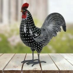 11.81" Resin Polka Dot Rooster Statue Black/White - Exhart