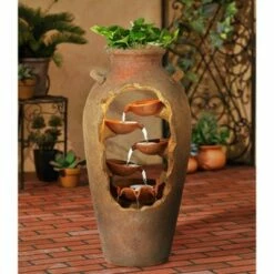 John Timberland Rustic Outdoor Floor Water Fountain with Light 33" High Cascading Planter Urn for Yard Garden Patio Deck