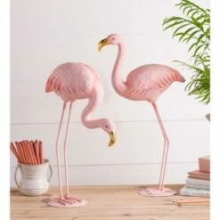 Wind & Weather Metal and Resin Flamingo Sculptures with Golden Bills, Set of 2