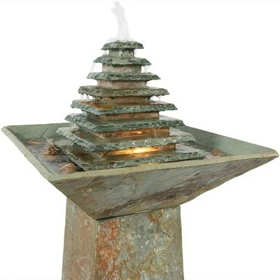 Sunnydaze Decor Sunnydaze 40"H Electric Natural Slate Layered Pyramid Tiered Outdoor Water Fountain with LED Light 4 Sunnydaze Decor Sunnydaze 40"H Electric Natural Slate Layered Pyramid Tiered Outdoor Water Fountain with LED Light - Image 2