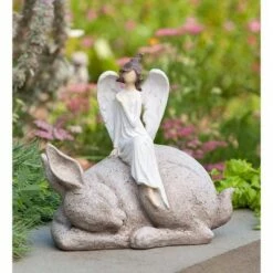 Wind & Weather Angel Sitting on Sleeping Bunny Indoor/Outdoor Sculpture