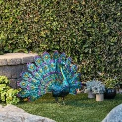 22" Metal Feather Spread Peacock Outdoor Decor Statue - Alpine Corporation