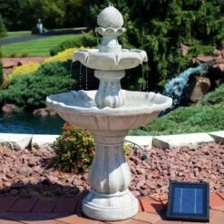 Sunnydaze Decor Sunnydaze Outdoor 2-Tier Solar Powered Water Fountain with Battery Backup and Submersible Pump - 35" - White Earth Finish
