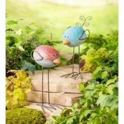 Wind & Weather Colorful Resin Rock Birds with Wire Wings, Tails, Legs and Feet, Set of 2