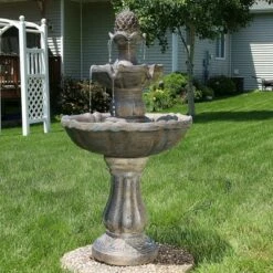 Sunnydaze Decor Sunnydaze Outdoor Backyard Polyresin Solar Powered 2-Tier Pineapple Top Water Fountain Feature - 33"