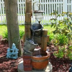 Sunnydaze Decor Sunnydaze 34"H Electric Polyresin Rustic Pouring Buckets Outdoor Water Fountain with Solar Lantern