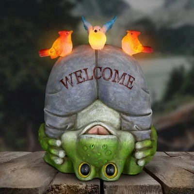10" Solar Welcome Frog With Birds Resin Statue Gray - Exhart 3 10" Solar Welcome Frog With Birds Resin Statue Gray - Exhart