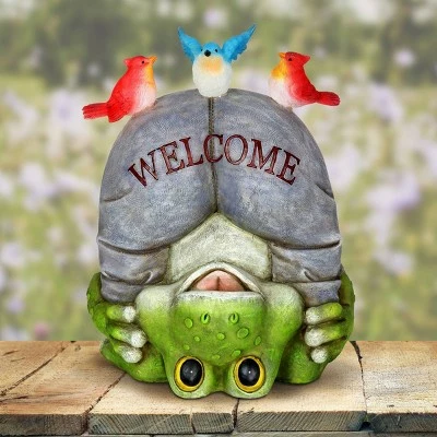 10" Solar Welcome Frog With Birds Resin Statue Gray - Exhart 4 10" Solar Welcome Frog With Birds Resin Statue Gray - Exhart - Image 2