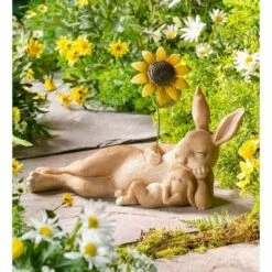 Wind & Weather Mama and Baby Bunny Lounging with a Sunflower Sculpture