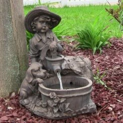 Sunnydaze Decor Sunnydaze Outdoor Polyresin Boy with Dog Solar Powered Water Fountain Feature with LED Light - 15" - Light Brown