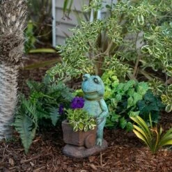 Alpine Corporation Alpine 15" Magnesium Oxide Frog Pushing Wagon Statue Planter