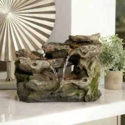 Alpine Corporation 10" Resin 3-Tier Mossy Tabletop Fountain with LED Lights Gray