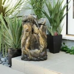 Alpine Corporation 22" Resin Rainforest Waterfall Tree Trunk Fountain with LED Lights Beige/Brown