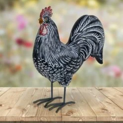 12.2" Resin Striped Rooster Statue Black and White - Exhart