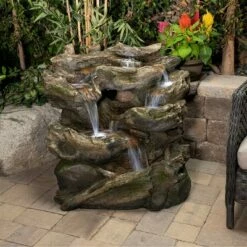 Alpine Corporation 32" Resin Rainforest Tiered Fountain with LED Lights Brown
