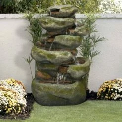 Alpine Corporation 47" Resin Mossy Cascading Rock Fountain and LED Lights Gray