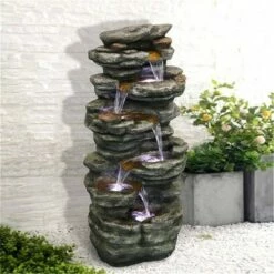 Watnature 40" 6-Tier Rock Water Fountain with LED Lights Gray
