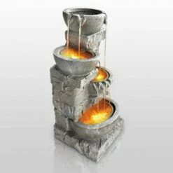 33" Cascading Bowls and Stacked Stone Waterfall Outdoor Fountain with LED Lights - Gray - Teamson Home