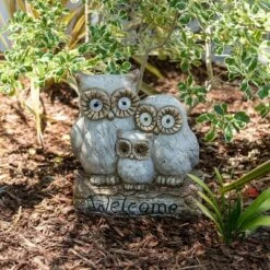Alpine Corporation Alpine 16" Solar Owl Family Welcome Magnesium Oxide Statue Gray