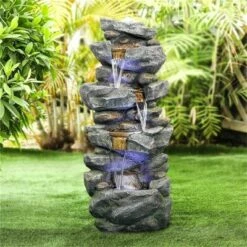 Watnature 40" High Stacked Simulated Rock Cascading Waterfall Fountain with LED Lights Gray