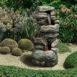 39.37" Rock 3-Tierd Outdoor Waterfall Fountain with LED Light - Natural - Teamson Home