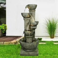 39.3" Outdoor 5-Tier Bowls Floor Cascading Fountain with LED Lights - Watnature
