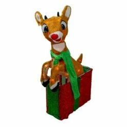 Northlight 24" Pre-Lit Rudolph the Red Nosed Reindeer Gift Box Christmas Outdoor Decor - Clear Lights