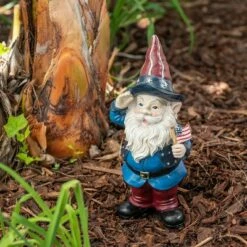 Alpine Corporation 12" Polyresin/Stone Americana Saluting Gnome with Flag Red/White/Blue