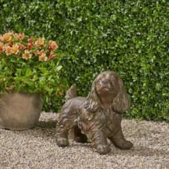 14.5" Cast Stone Josie Cocker Spaniel Dog Garden Statue Brown - Christopher Knight Home